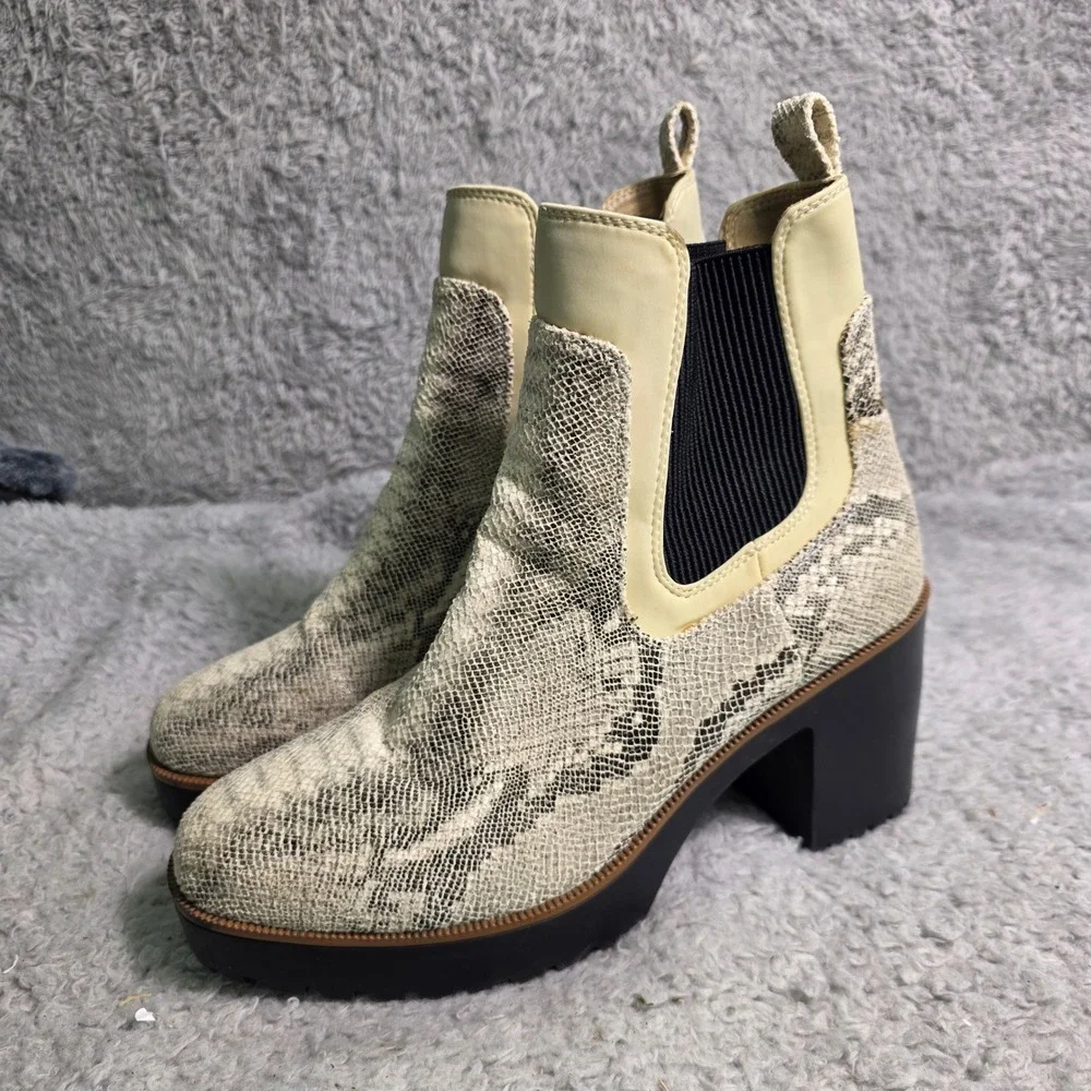 Chinese Laundry Chelsea Boots Cream Snakeskin Block Heel Women 10‎